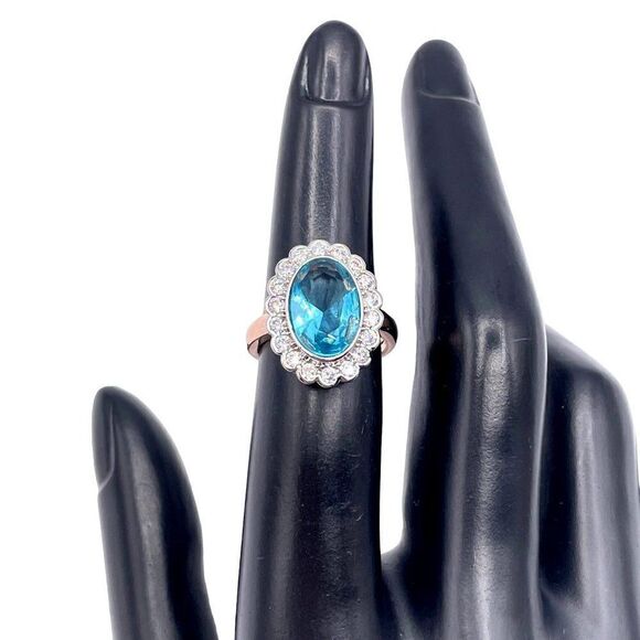 .925 Sterling Silver Rose Gold with Blue and White Cubic Zirconia Ring Size 6 - Picture 6 of 6